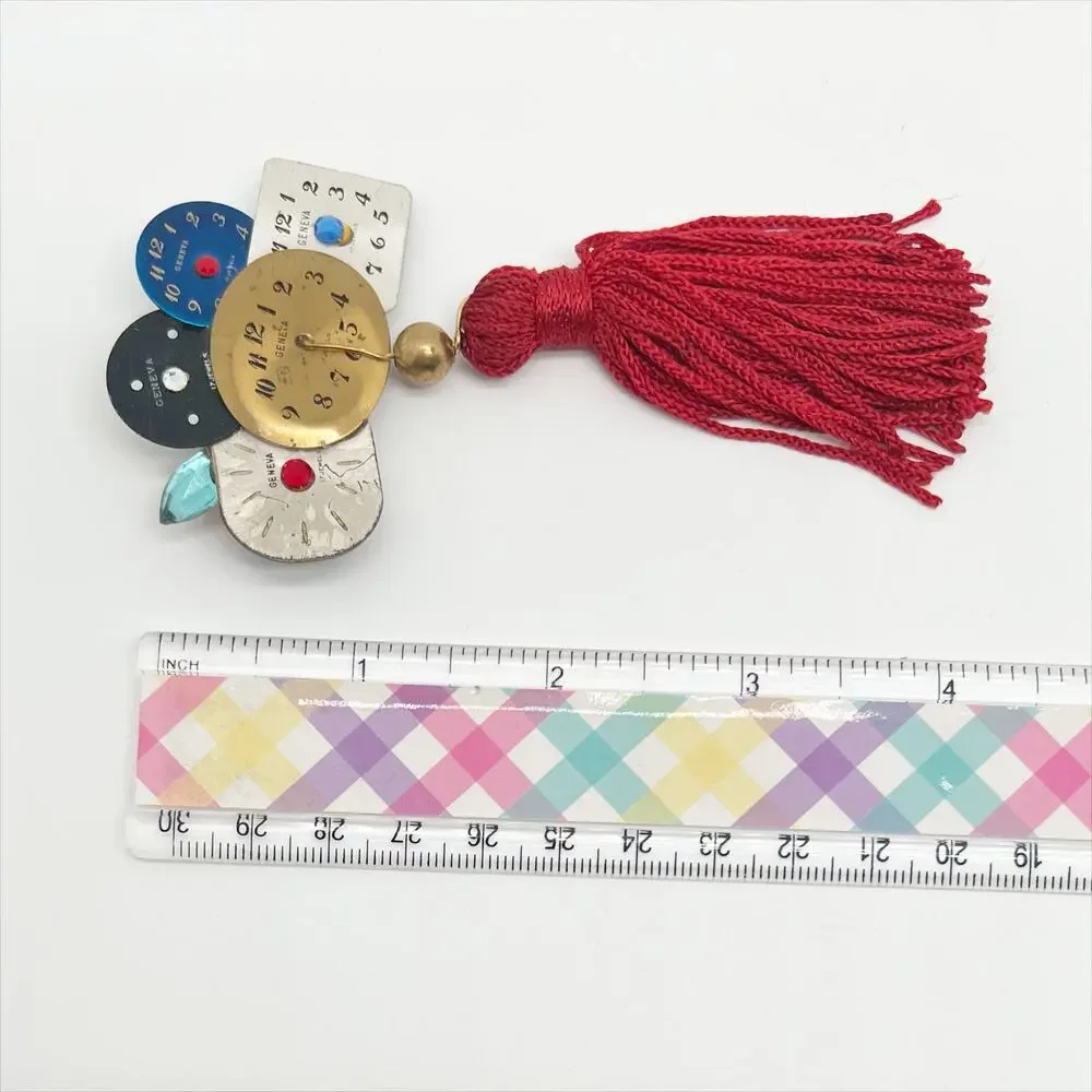 🔥 Vintage Multicolor Clocks With Red Hanging Tassel Brooch Pin